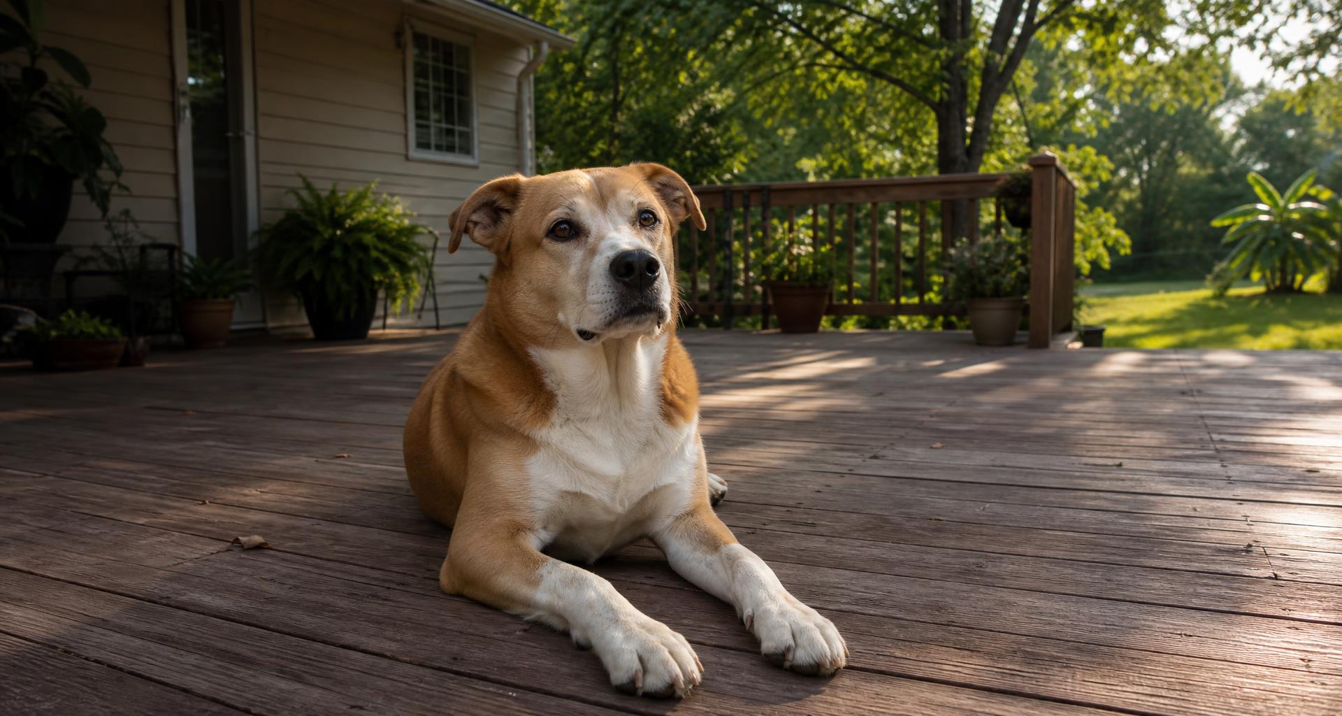 Relaxed tan and white mixed-breed dog resting comfortably on a residential wooden back deck with Georgia trees and warm evening light