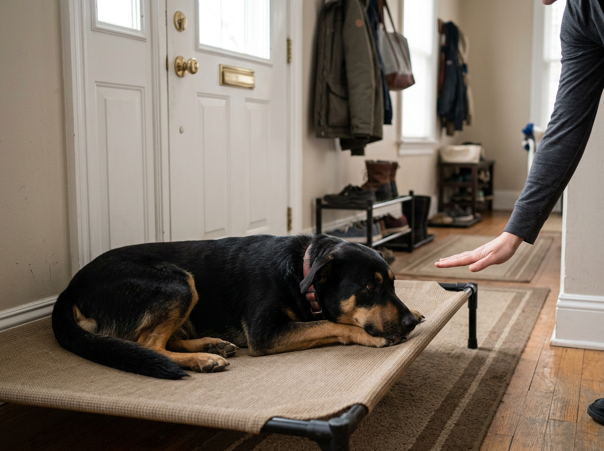 Behavior training with a calm shepherd mix settled on an elevated dog place cot near a home front door as a trainer's hand gives a stay signal
