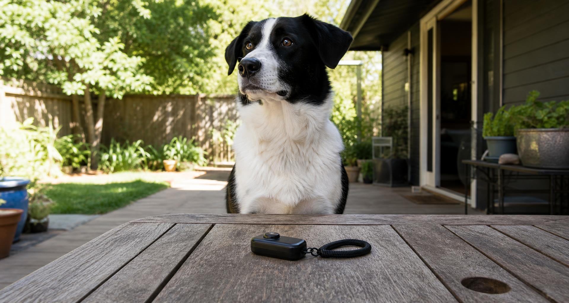 Attentive border collie mix sitting on a home patio beside a real handheld dog training clicker resting on a wooden table