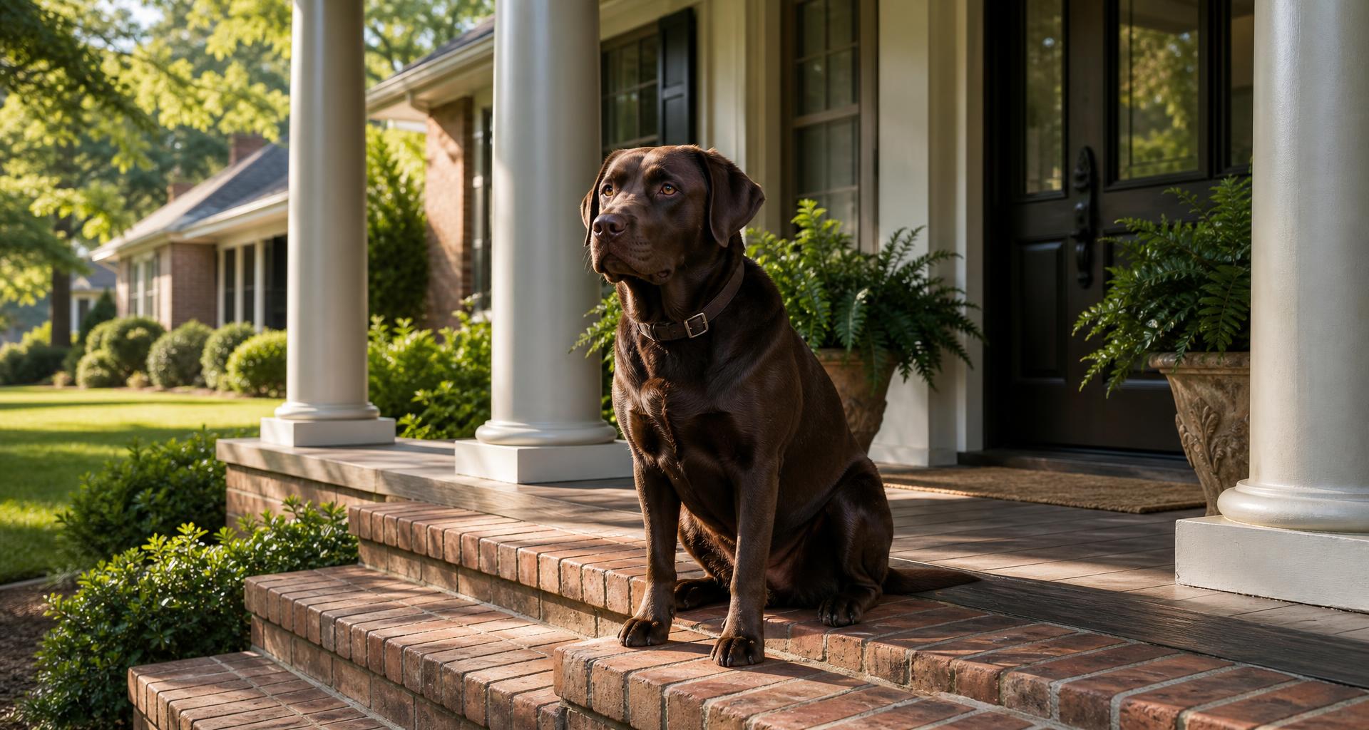 Friendly chocolate Labrador wearing a simple collar sitting on the brick front porch steps of a suburban Georgia home