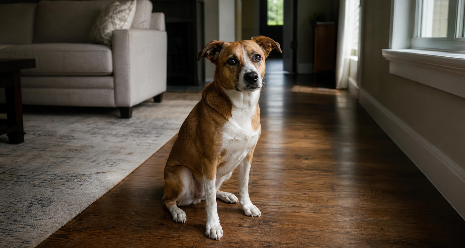 Curious brown and white mixed-breed dog sitting on a hardwood living room floor in soft directional window light
