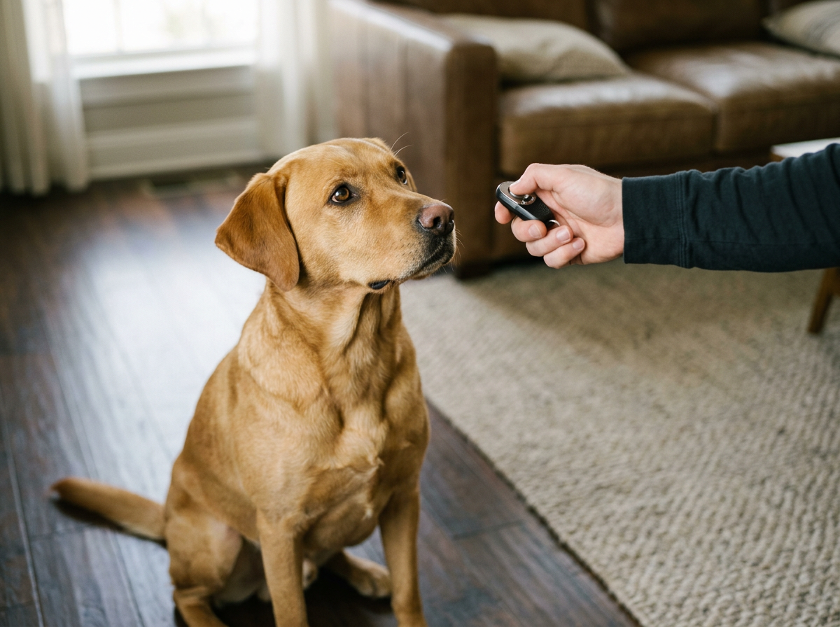 In-home dog training session with a Labrador watching a trainer's hand holding a professional dog training clicker in a living room