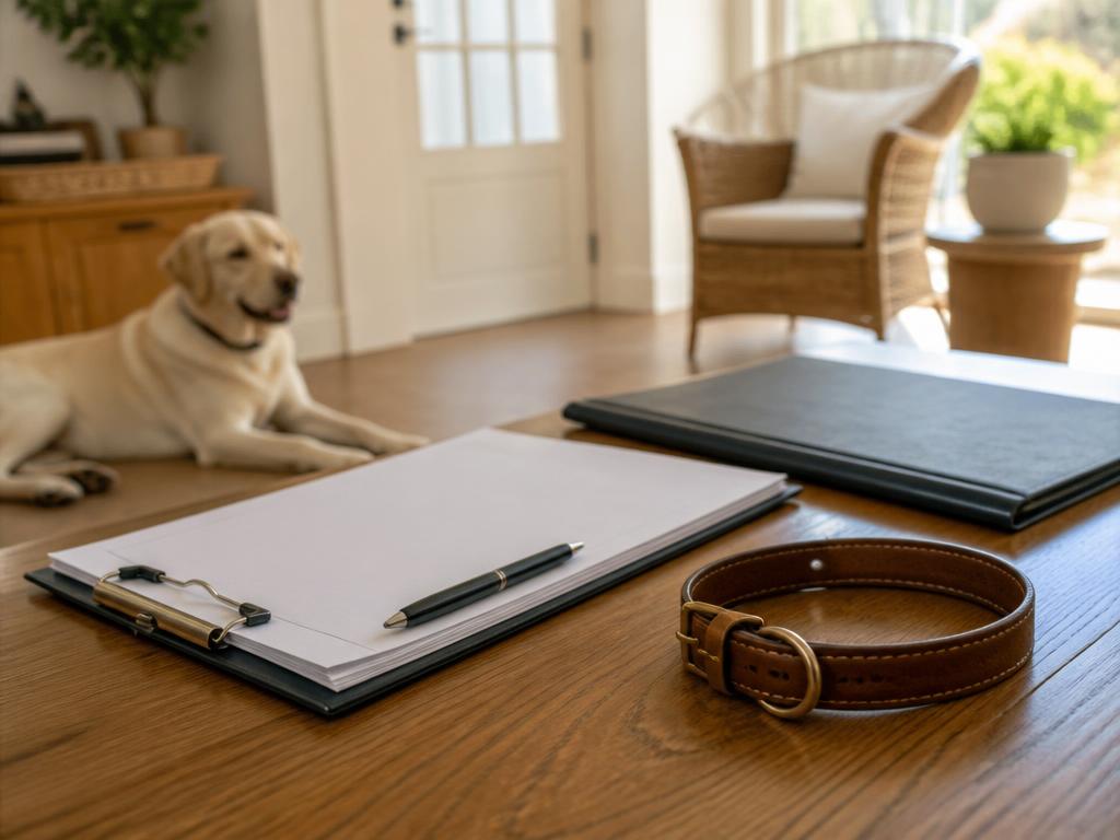 Licensed dog trainer paperwork and a dog collar on a table with a calm Labrador resting nearby