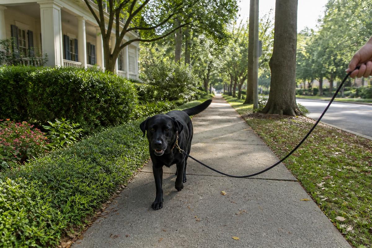 Black Labrador walking calmly on a loose leash along a tree-lined Georgia neighborhood sidewalk