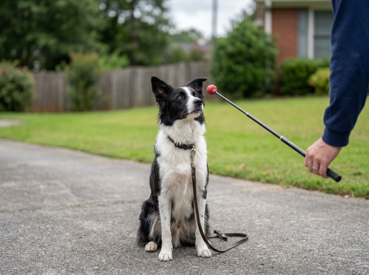 Border collie mix holding a focused sit while following a dog training target stick during basic obedience work on a residential driveway