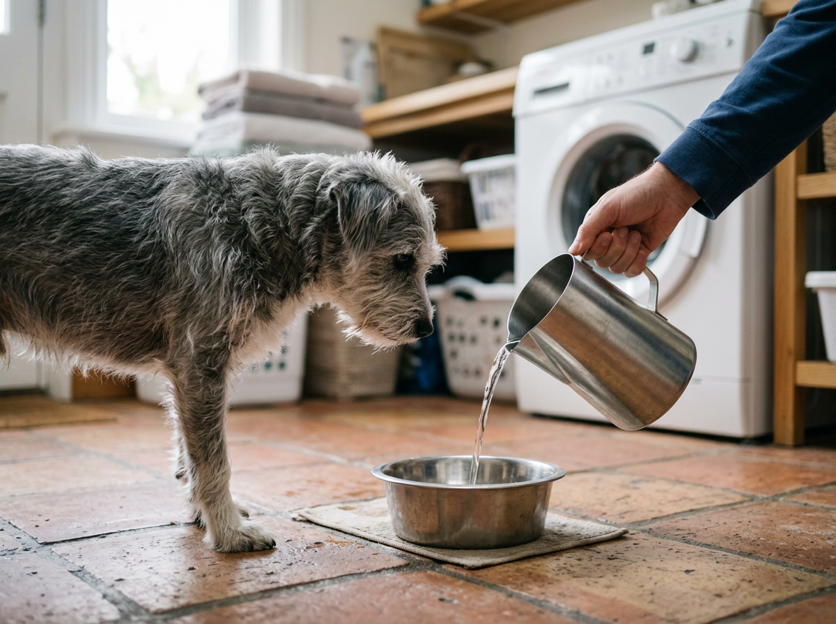 Terrier mix watching a pet sitter refill their stainless water bowl from a steel watering pitcher during an in-home pet care visit