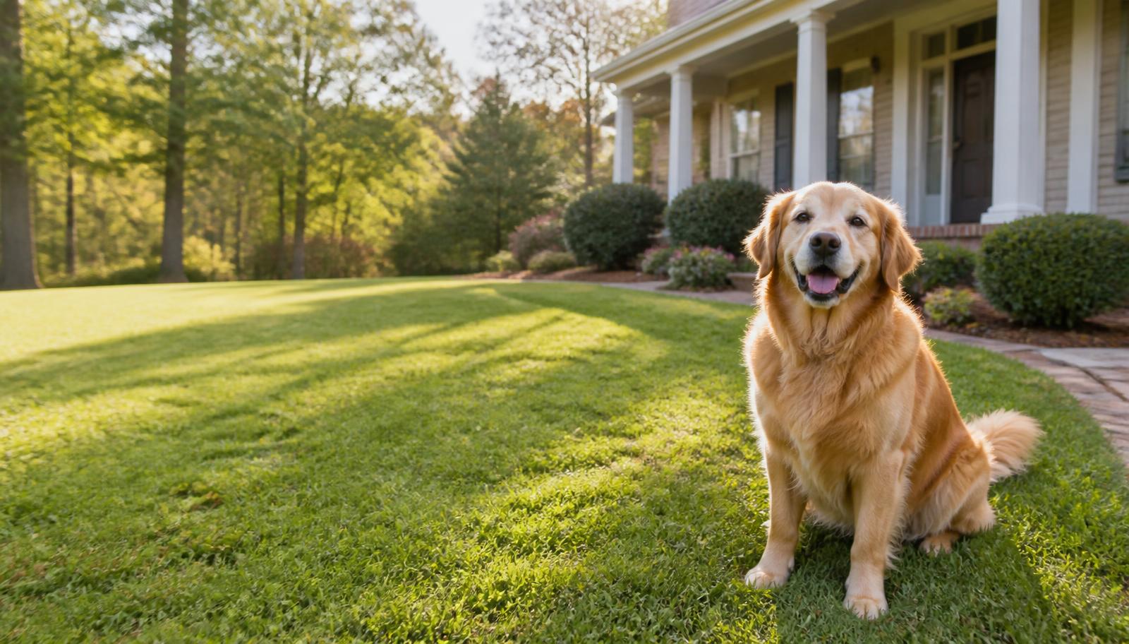 Friendly golden retriever sitting on a green front lawn outside a suburban Powder Springs, Georgia home