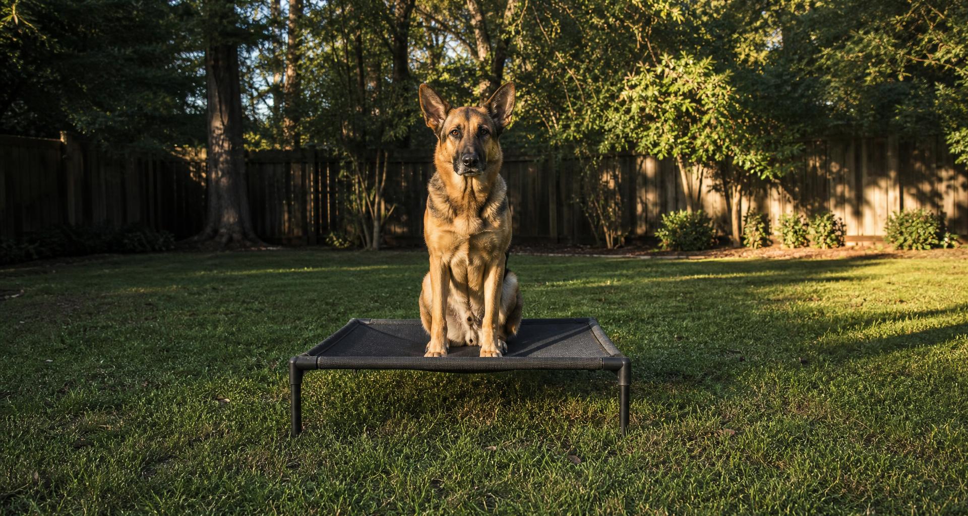 German shepherd mix holding a trained place command on a professional raised dog training cot in a fenced residential backyard