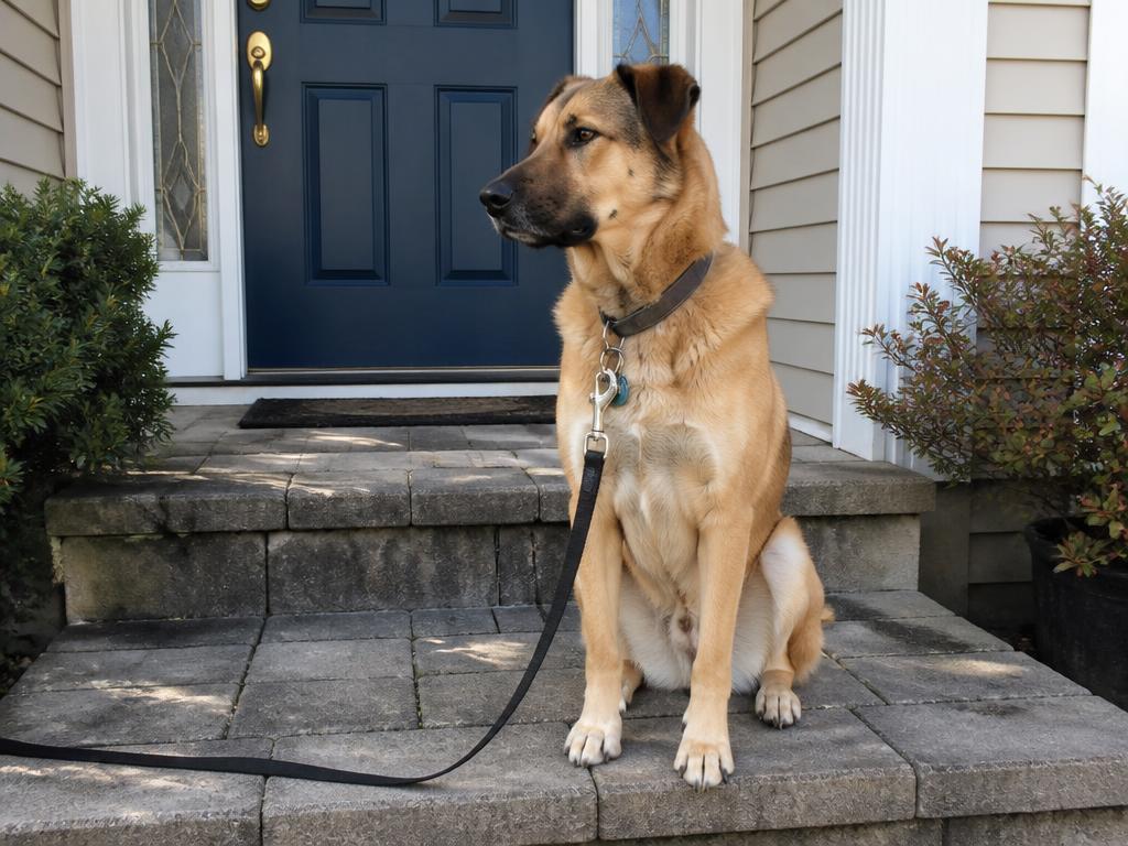 Dog leash and collar ready by a suburban front door for a scheduled training session