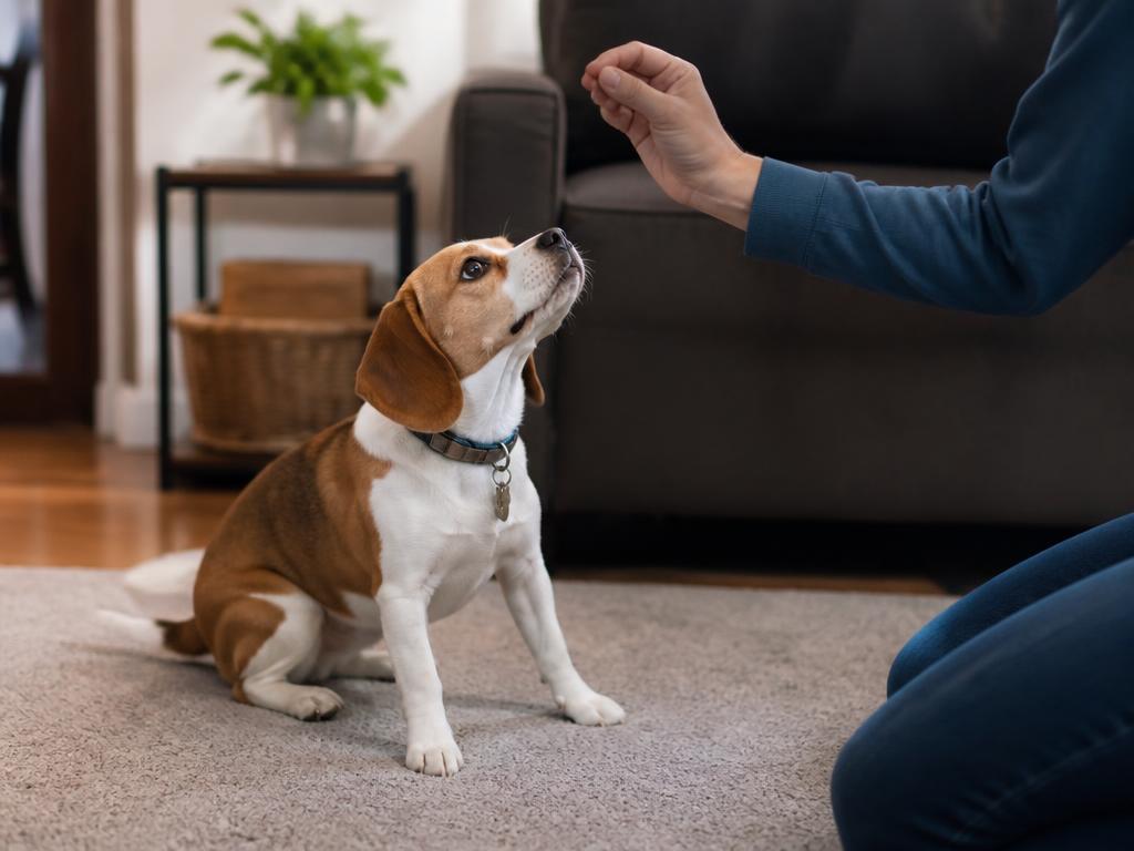 Beagle mix responding to a pet parent's hand cue during pet parent guidance in a living room