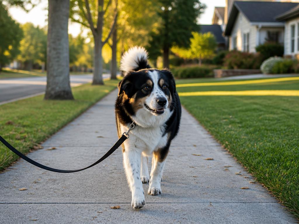 Well-trained dog walking on a loose leash on a Powder Springs sidewalk showing training progress