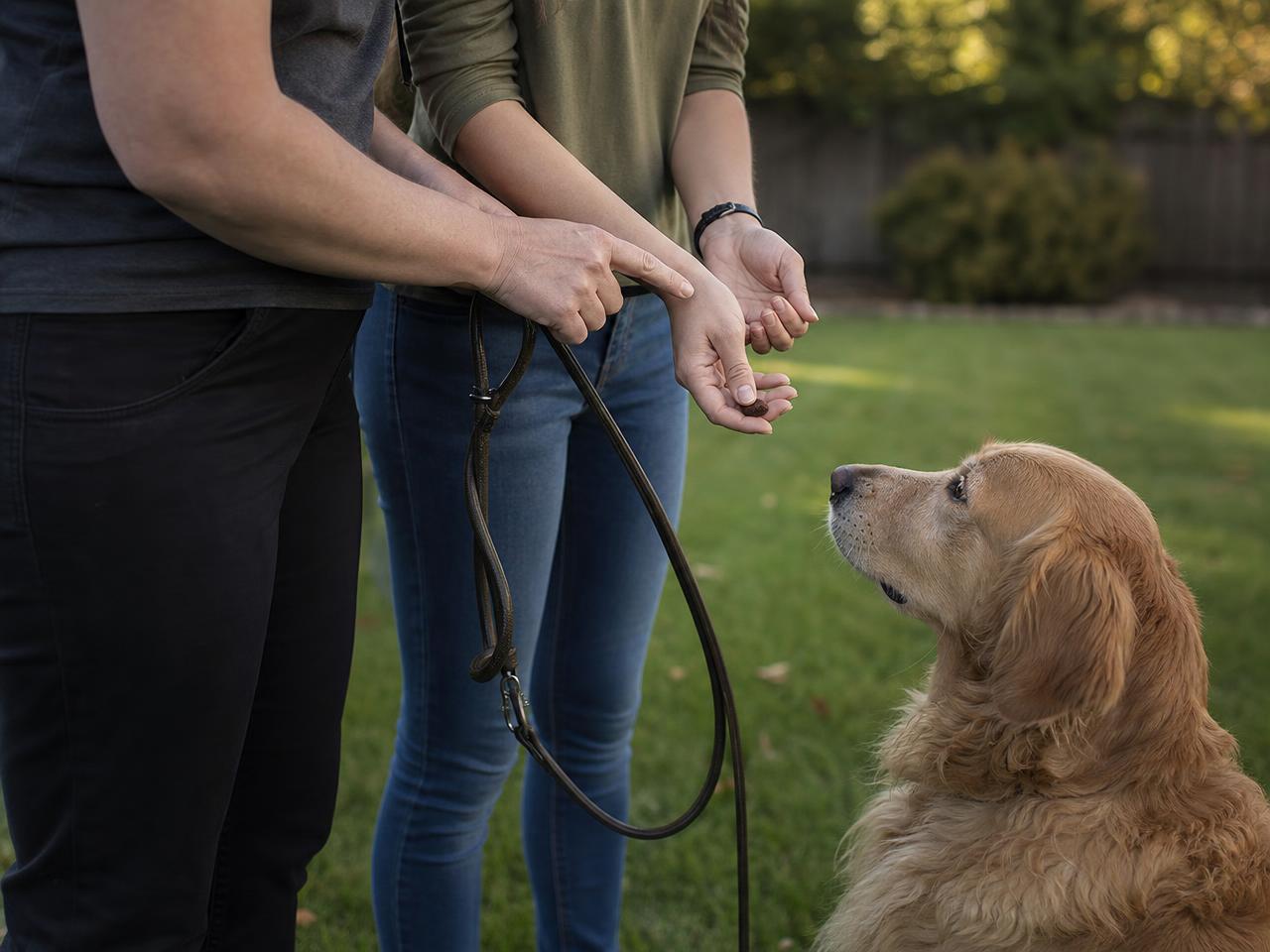 Dog responding attentively to a pet parent's hand cue during an at-home training session
